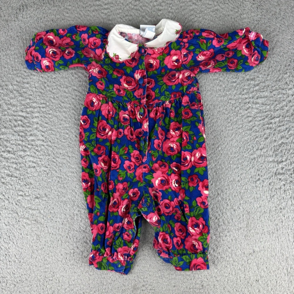 Vintage Baby B'gosh Floral Peter Pan Collar Baby Romper in Pink & Blue corduroy